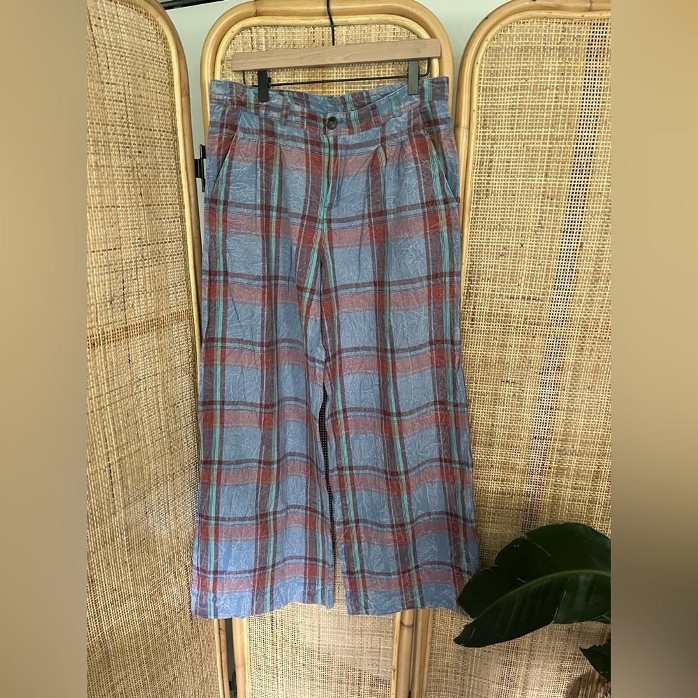 By Anthropologie - Plaid Wide Leg Pants Blue Burgundy - Picture 4 of 9